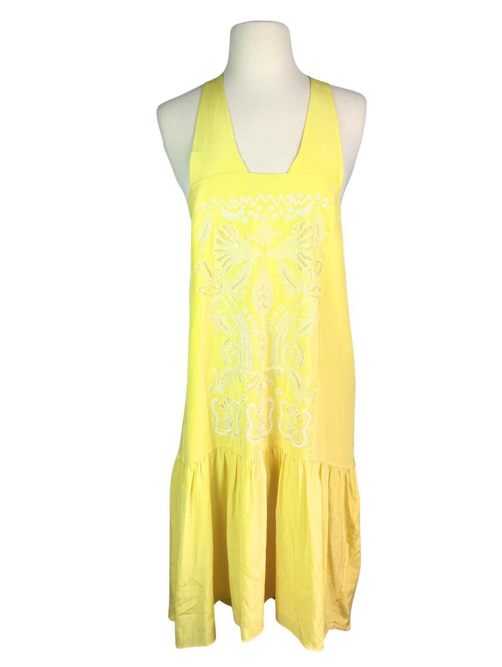 Tibi Yellow Silk Embroidered Shift Dress Size 6 Boho Midi Sundress
